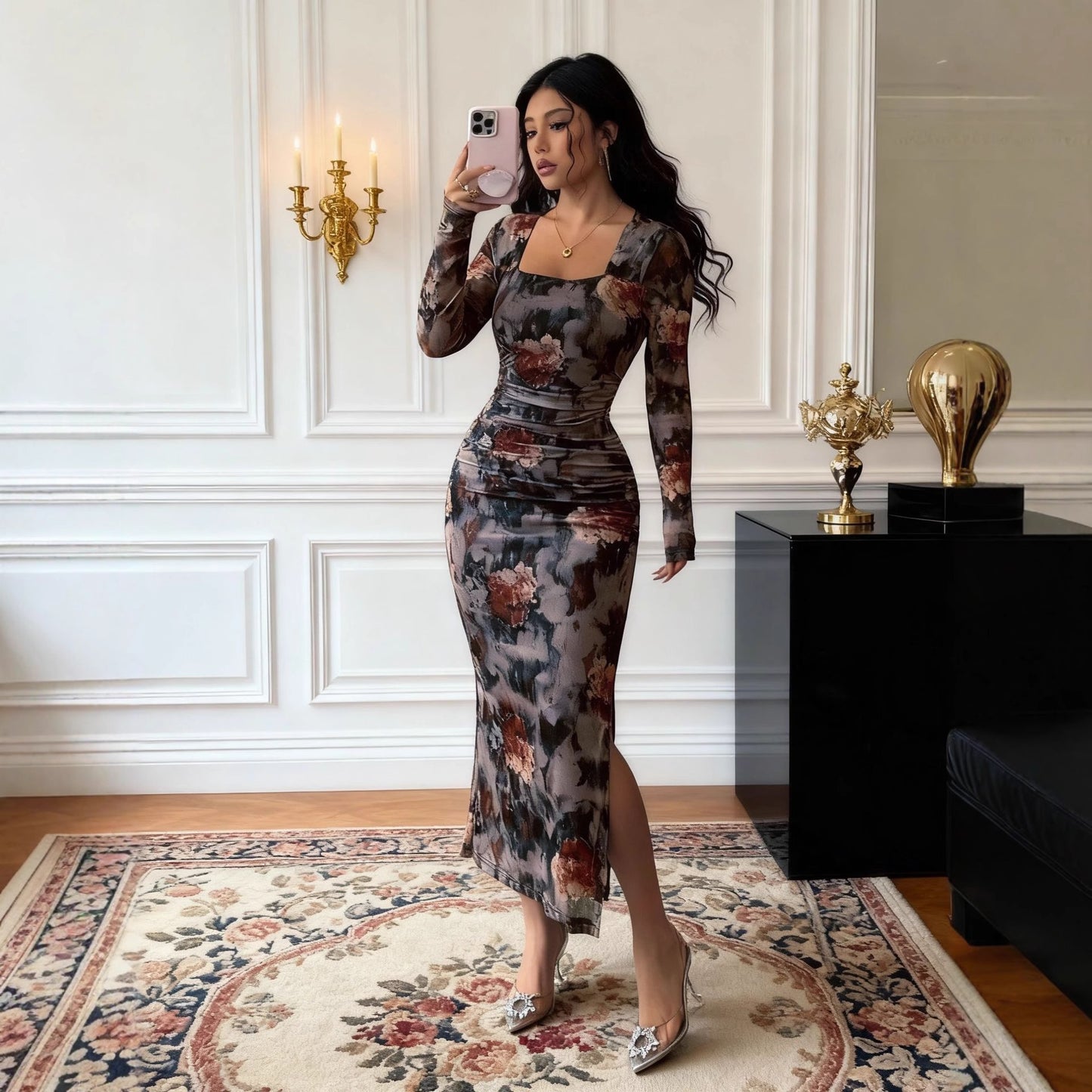 Retro Oil-Painting-Style Square-Neck Long-Sleeve Pleated Slit Mesh Dress