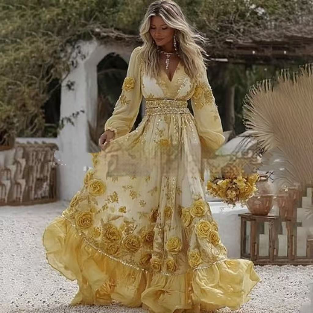 Womens Stylish And Elegant Floral Long-sleeve Dress