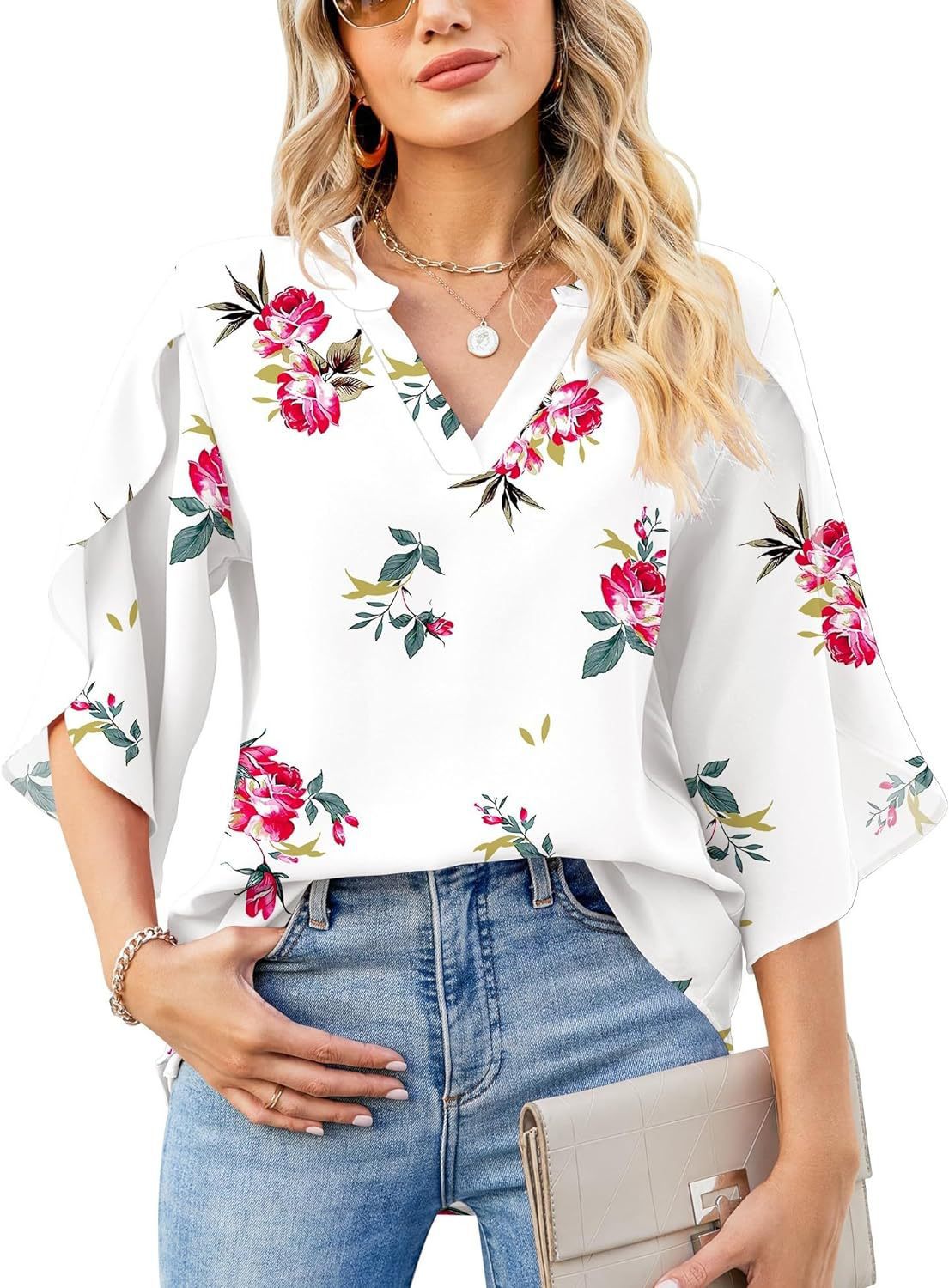 Womens Loose V-neck Chiffon Top With Floral Petal Print