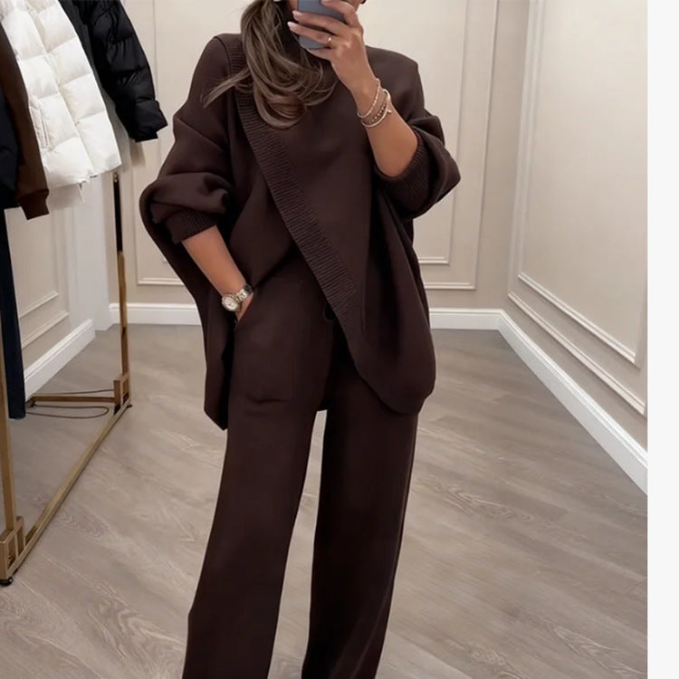 Womens Solid-Color High-Neck Cross-Over Knit Top And Pants Two-Piece Set