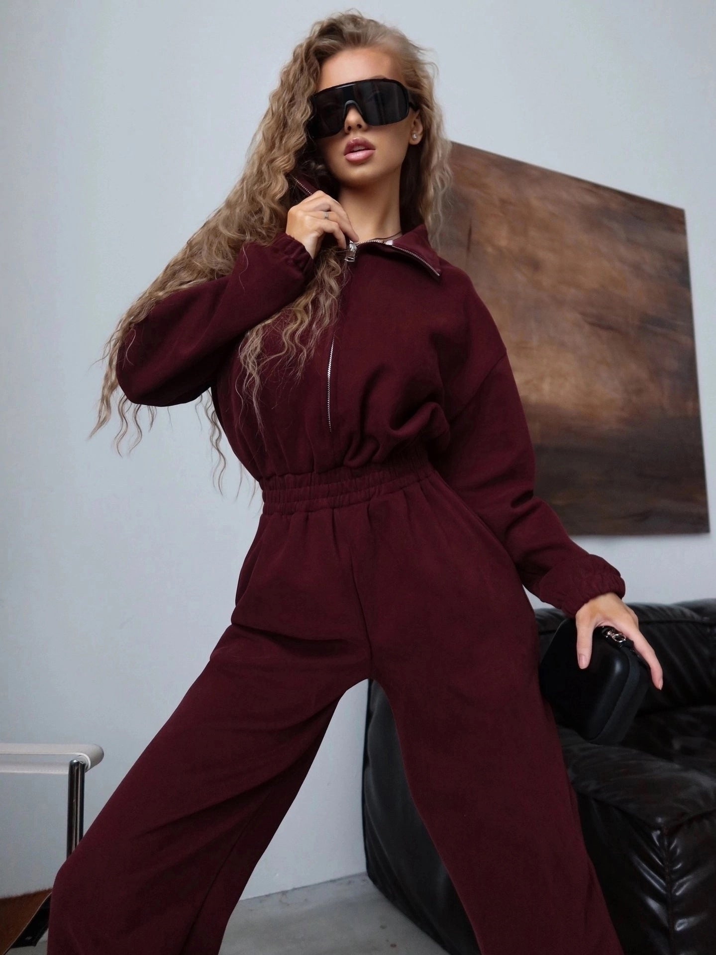 Womens Long-sleeve Zip-front Collared Jumpsuit