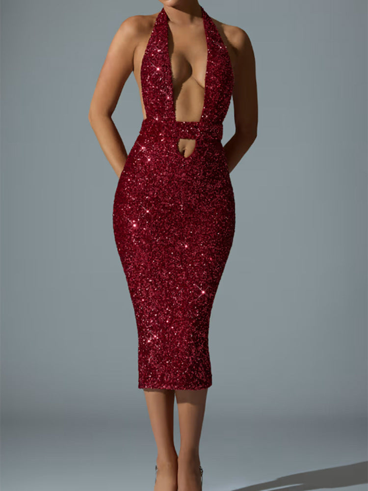 Deep-V Halter Sequin Bodycon Hollow-Out Dress