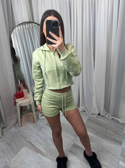 Womens Hooded Oversized Pocket Sweatshirt And Shorts Two-Piece Set