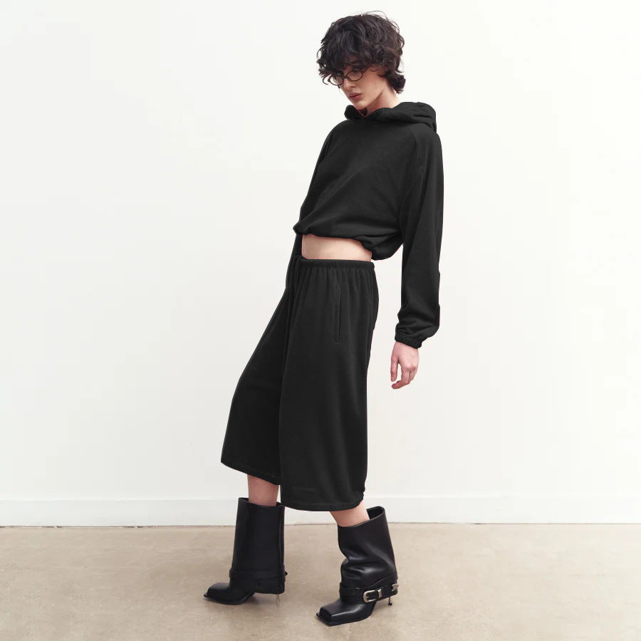 Womens Hooded Long-Sleeve Top And Elastic-Waist Shorts Set