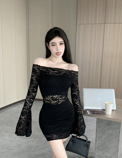 Womens Off-shoulder Cutout Form-fitting Long-sleeve Dress