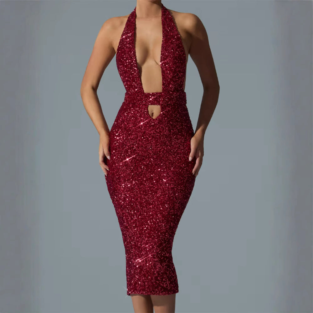 Deep-V Halter Sequin Bodycon Hollow-Out Dress