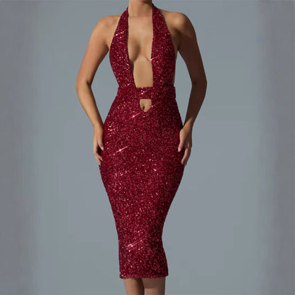 Deep-V Halter Sequin Bodycon Hollow-Out Dress