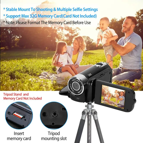 HD 1080P Digital Video Camcorder 2.7in 16X Zoom DV Camera 270° Rotation Rechargeable Kid Camera W/Fill Light Selfie GPCT2659