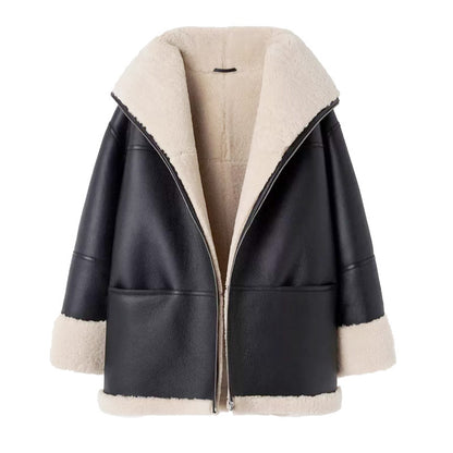 Womens Shearling Coat With A Large Turn-Down Collar And Integrated Fur And Fabric