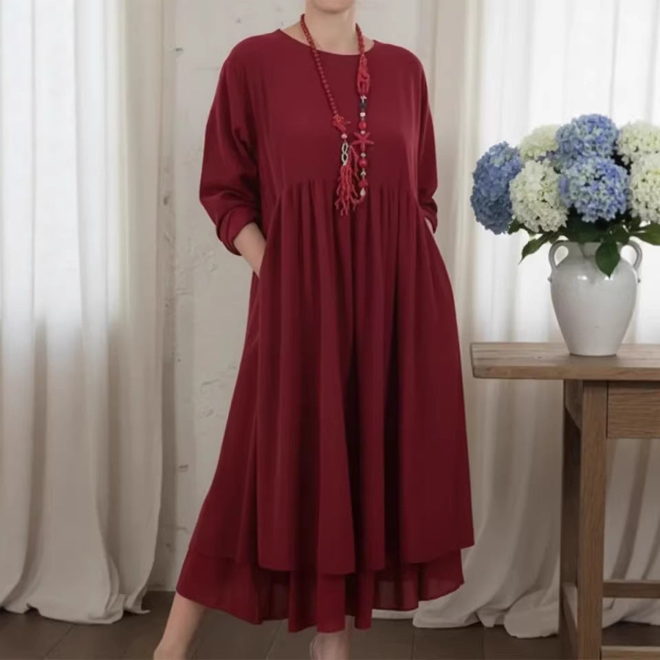 Womens Crew-Neck Double-Layer Patchwork Long-Sleeve Dress