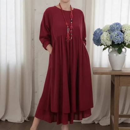 Womens Crew-Neck Double-Layer Patchwork Long-Sleeve Dress