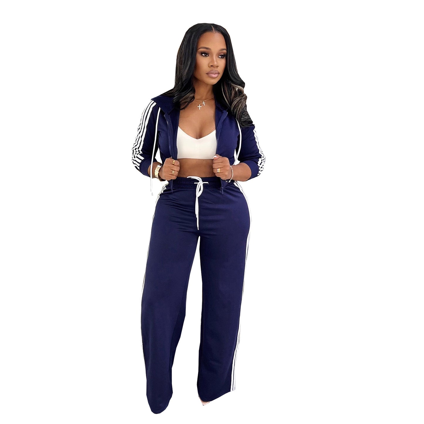 Womens Fashionable Casual Striped Outerwear Set