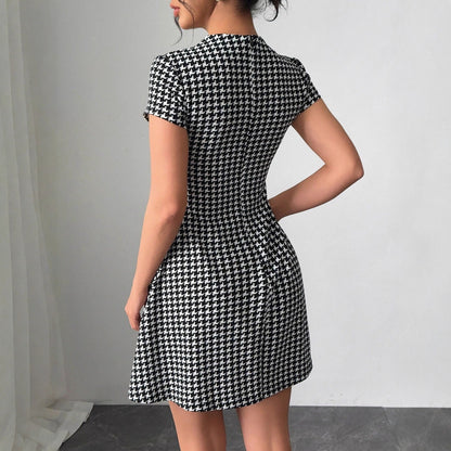 Elegant Houndstooth Dress With Fake Pockets