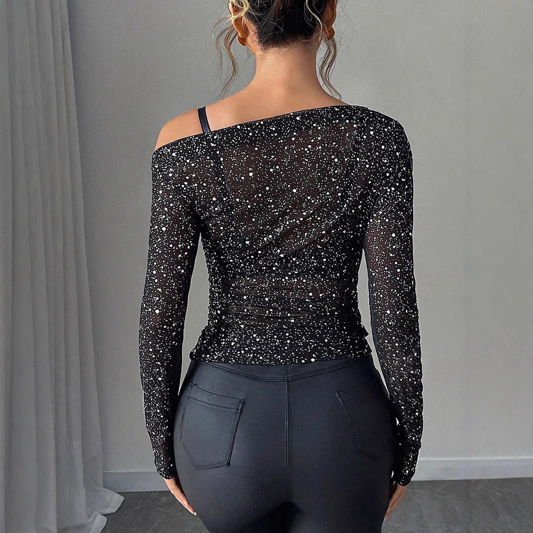 Chiffon Rhinestone-embellished Off-shoulder Long-sleeve Top