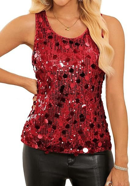 Womens Sequin Top Sleeveless Shiny Casual Tank Top