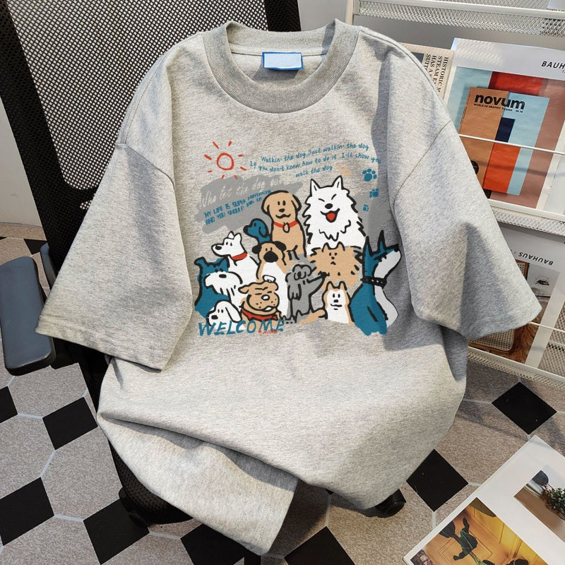 Womens Summer Short-Sleeve Cotton T-Shirt With Puppy Print