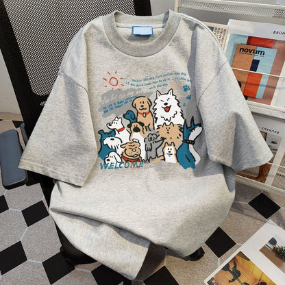 Womens Summer Short-Sleeve Cotton T-Shirt With Puppy Print