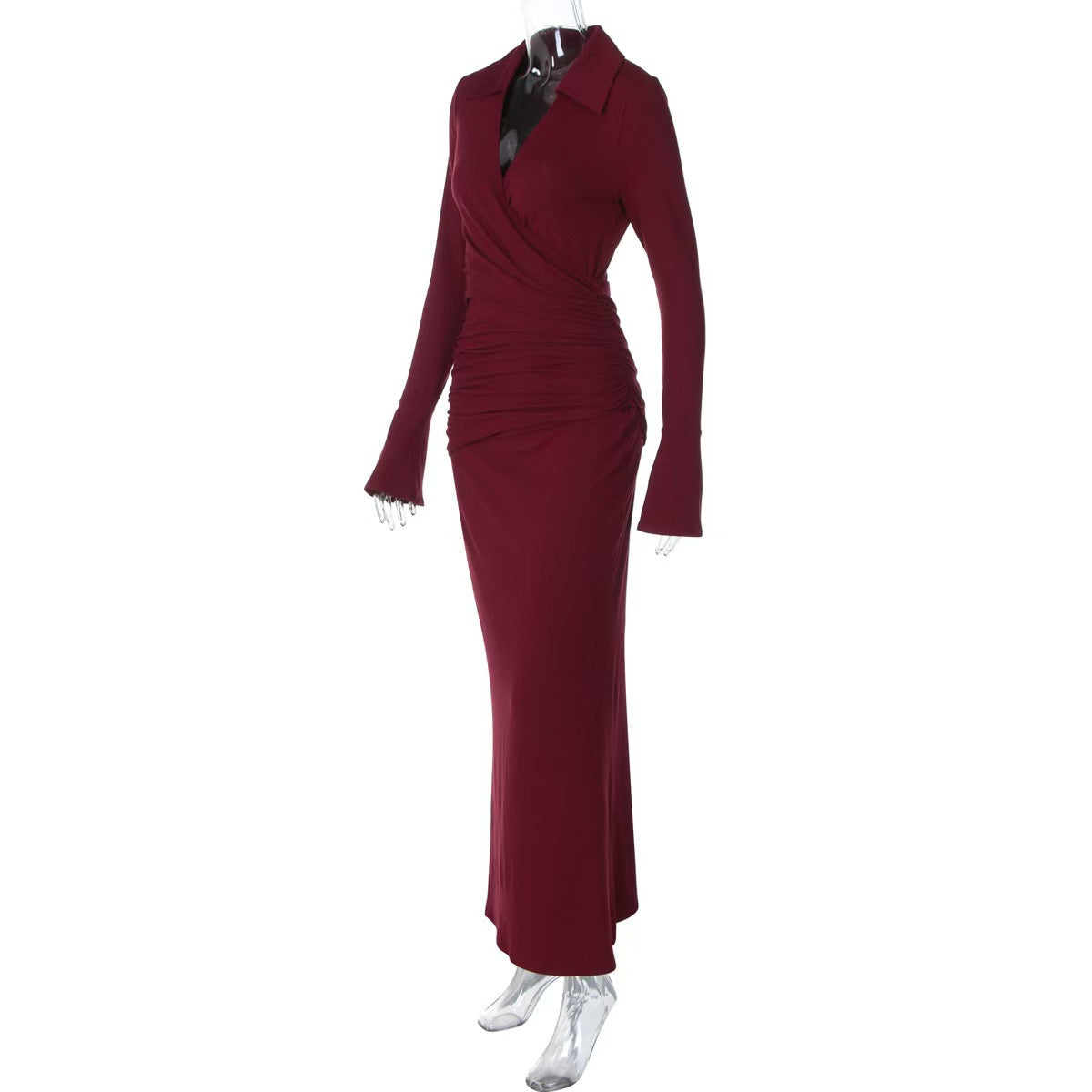 Womens Elegant Waist-cinching V-neck Long-sleeve Dress