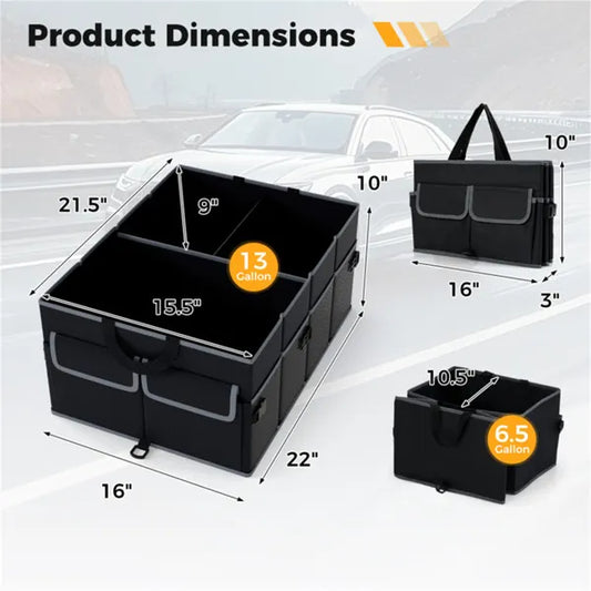 13 Gallon Car Trunk Organizer - 3 Compartments+6 Pockets, 600D Oxford Fabric, Non-Slip Base, Black
