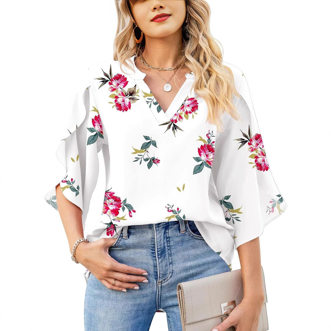 Womens Loose V-neck Chiffon Top With Floral Petal Print