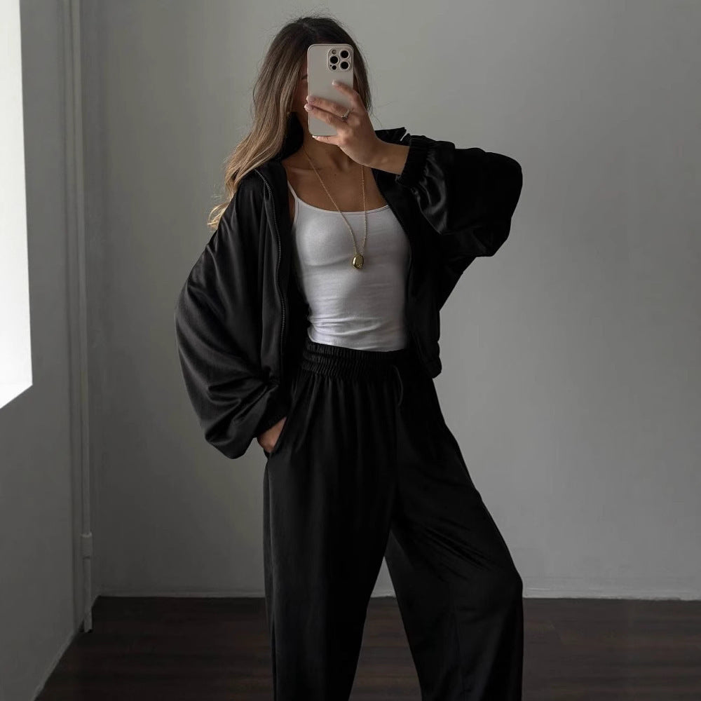 Womens Long-Sleeve Zip-Up Cardigan Jacket And Sweatpants Two-Piece Set