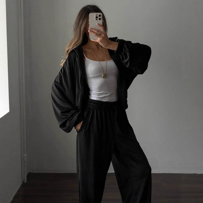 Womens Long-Sleeve Zip-Up Cardigan Jacket And Sweatpants Two-Piece Set