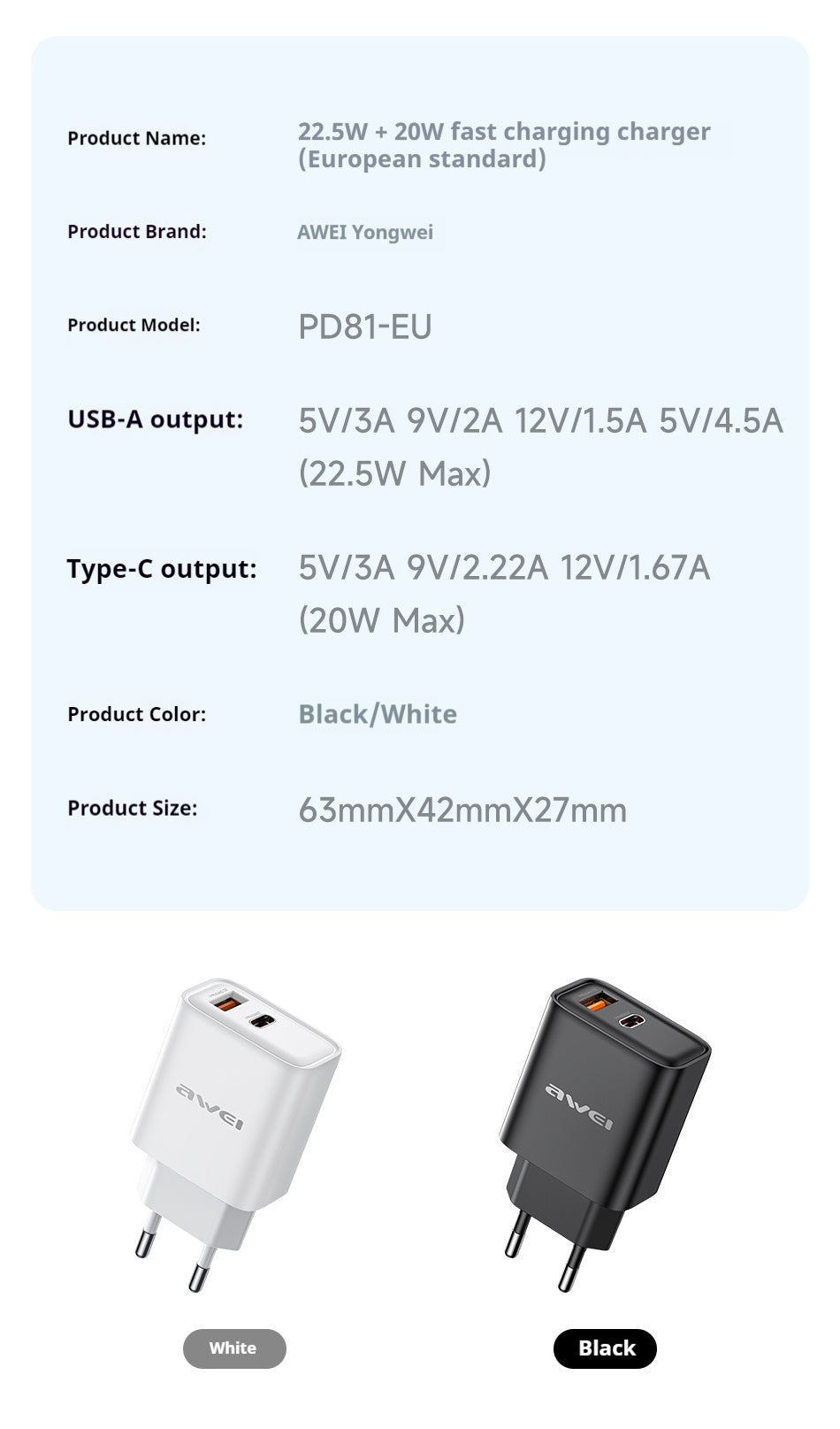 AWEI 22.5W 20W Fast Charger EU