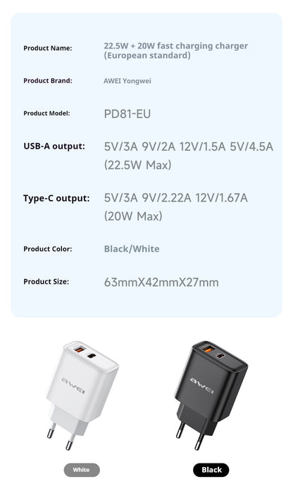AWEI 22.5W 20W Fast Charger EU