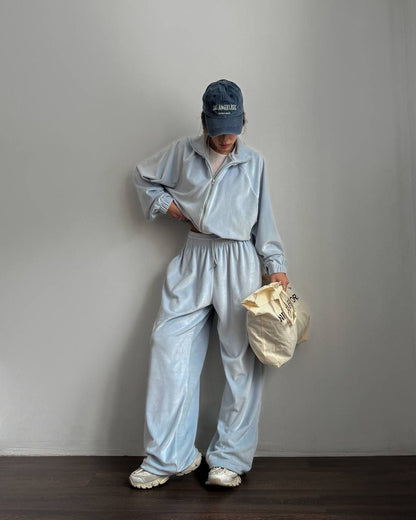 Womens Long-Sleeve Zip-Up Cardigan Jacket And Sweatpants Two-Piece Set