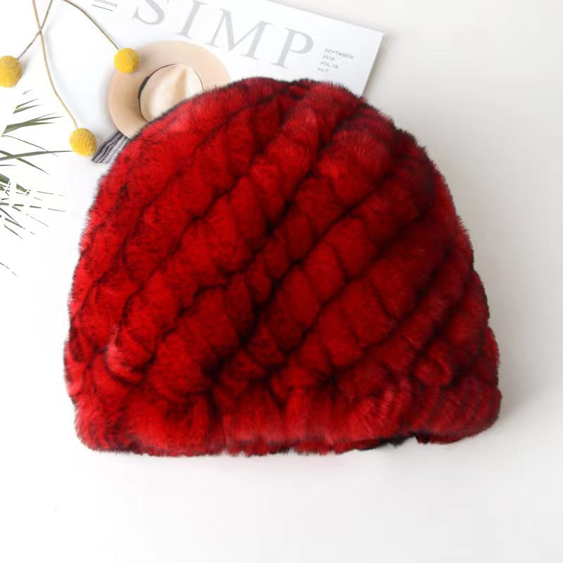 Womens Rex Rabbit Fur Knitted Spiral Pineapple Hat