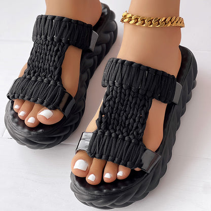 Platform Sandals Summer Braided Knit Hollow Open Toe Slipper Sandals - Anklet Not Included