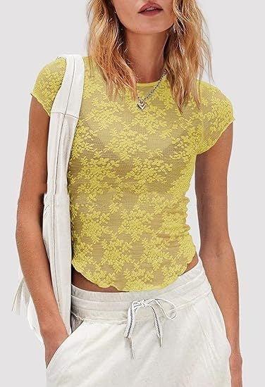 Womens Short-Sleeve Mesh See-Through Lace Top