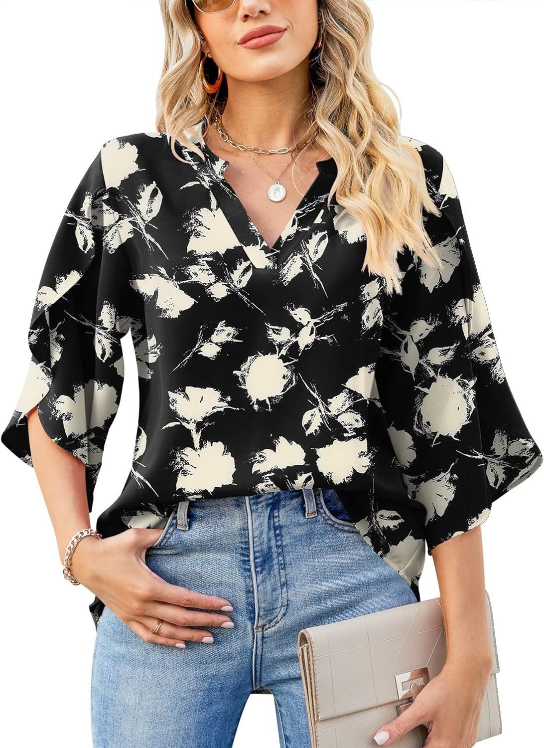 Womens Loose V-neck Chiffon Top With Floral Petal Print