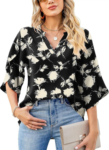 Womens Loose V-neck Chiffon Top With Floral Petal Print