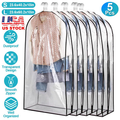 5 Pack Garment Bag For Hanging Clothes Dustproof Waterproof Hanging Clothes Storage Bag Clear Transparent Suits Cover For Sweater Jacket Coat Dress Shirt