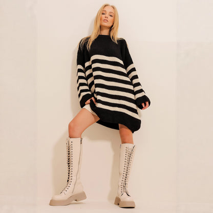 Womens Plus-Size Loose Crew-Neck Striped Sweater