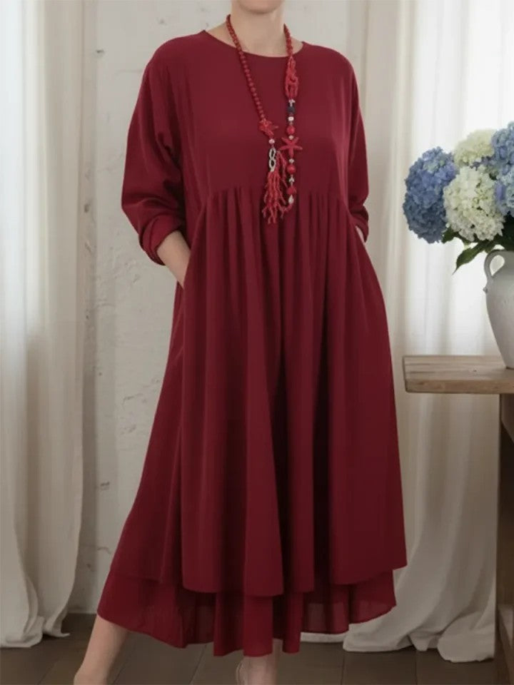 Womens Crew-Neck Double-Layer Patchwork Long-Sleeve Dress