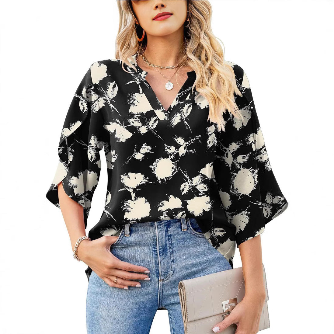 Womens Loose V-neck Chiffon Top With Floral Petal Print