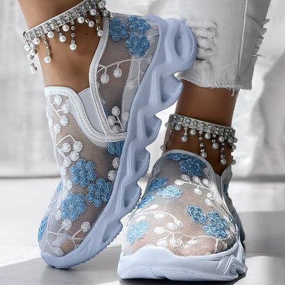 Contrast Glitter Transparent Mesh Patch Breathable Sneakers - Without Ankle Strap