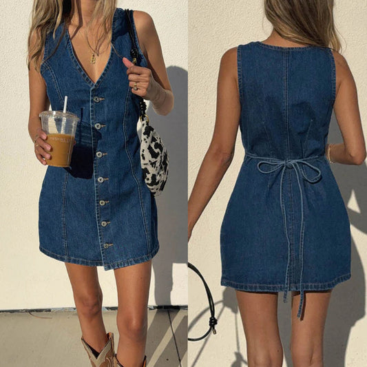 Button-front, Tie-waist Denim Vintage Dress