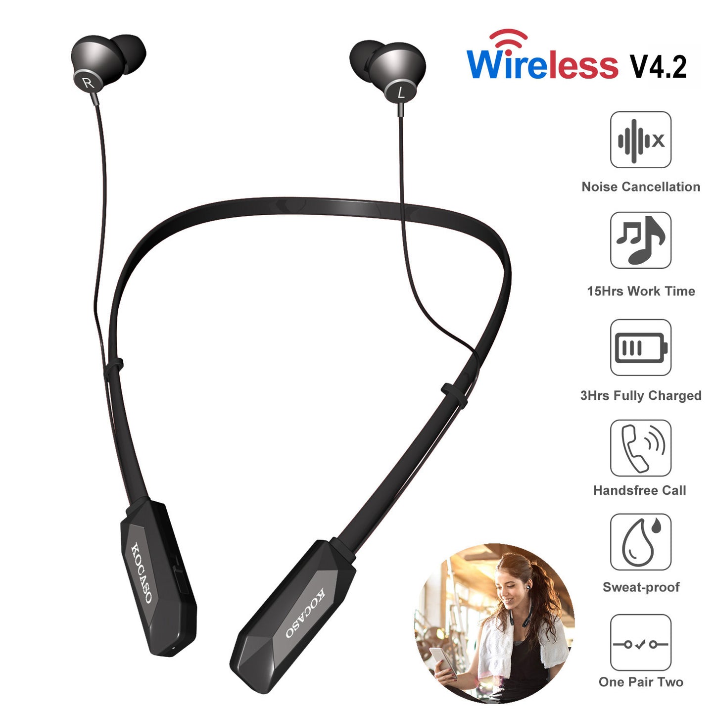 Black-Red Color Options -- 1Pc Wireless Neckband Headphones V4.2 Sweat-proof Sport Headsets Earbuds In-Ear Magnetic Neckbands Stereo Earphone Deep Bass Earphone With Mic 15Hrs Work Running Hiking