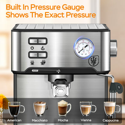 20 Bar Professional Espresso Machine With Milk Frother, Single Double Shot, ESE Pod Compatible, Visual Display Of Pressure, Removable Water Tank For Cappuccino, Latte, Machiato For Home Barista