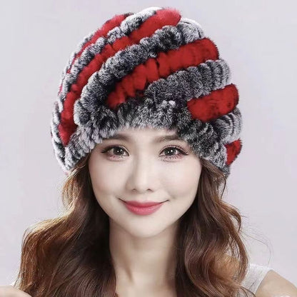 Womens Rex Rabbit Fur Knitted Spiral Pineapple Hat