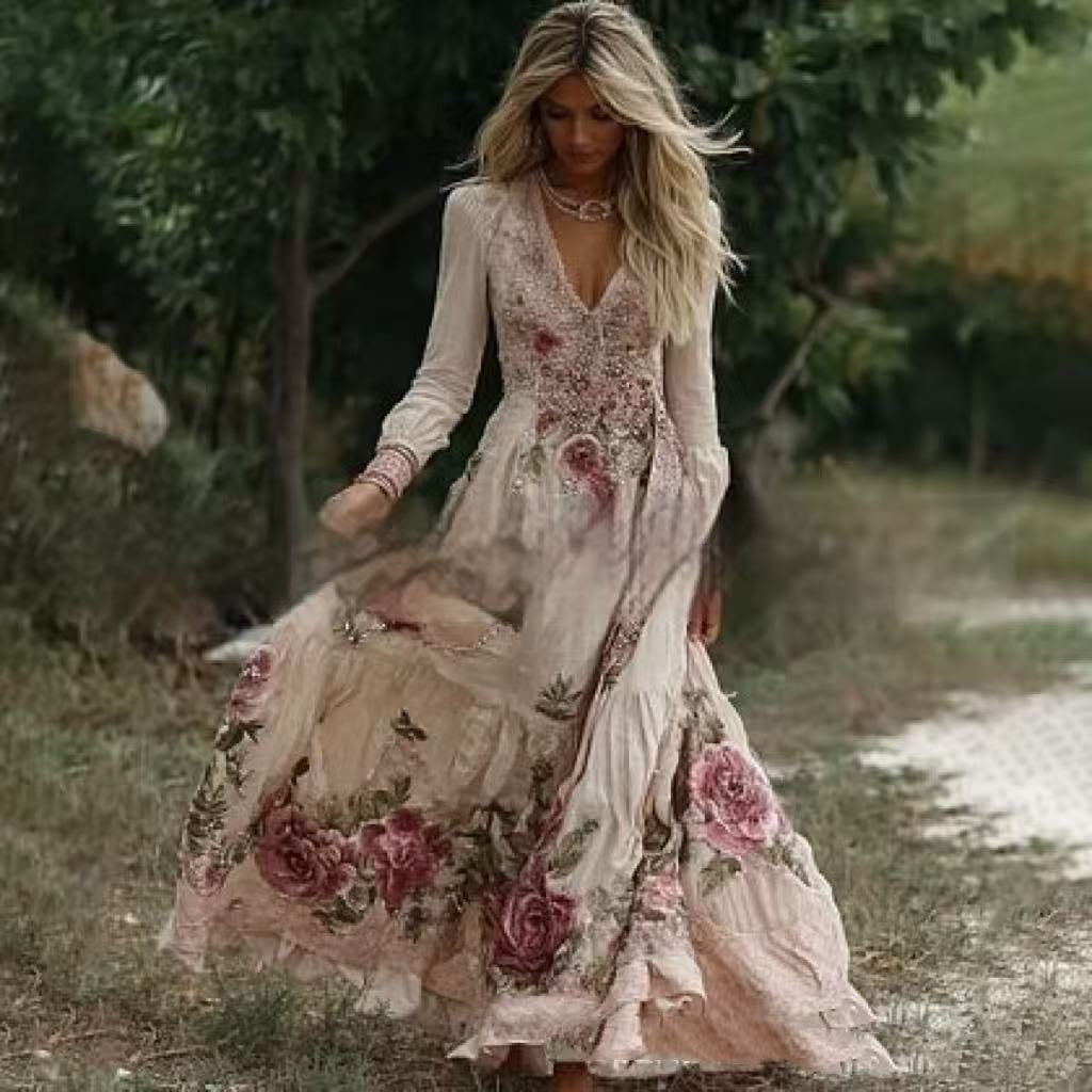 Womens Stylish And Elegant Floral Long-sleeve Dress