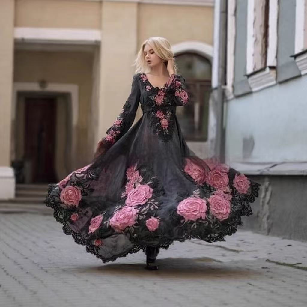 Womens Stylish And Elegant Floral Long-sleeve Dress