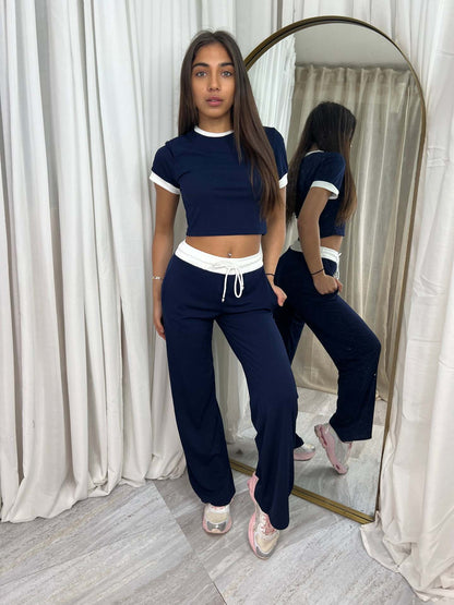 Womens Short-Sleeve Drawstring Wide-Leg Pants Two-Piece Set