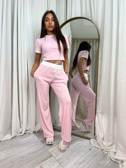 Womens Short-Sleeve Drawstring Wide-Leg Pants Two-Piece Set