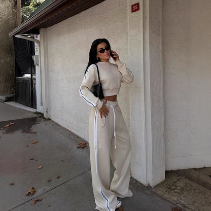 Womens Sportswear Set Crew-neck Long-sleeve Top And Pants