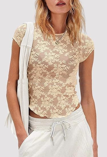 Womens Short-Sleeve Mesh See-Through Lace Top