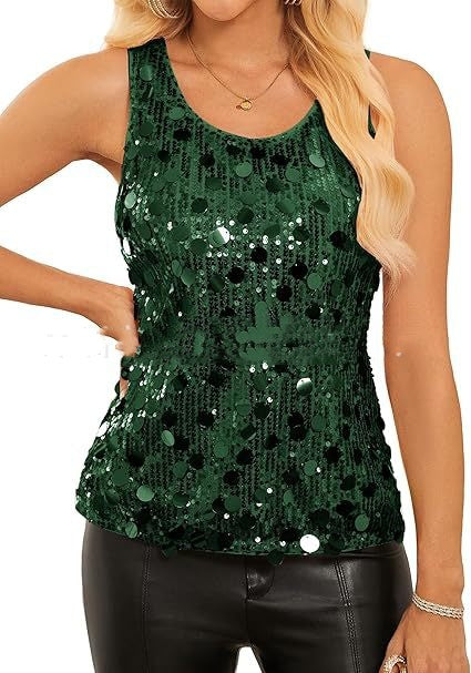 Womens Sequin Top Sleeveless Shiny Casual Tank Top